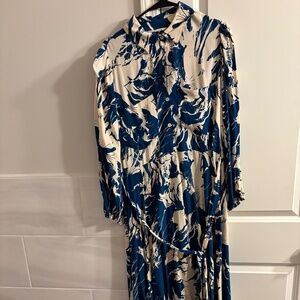 ZARA Long Sleeve Midi Dress Blue and White